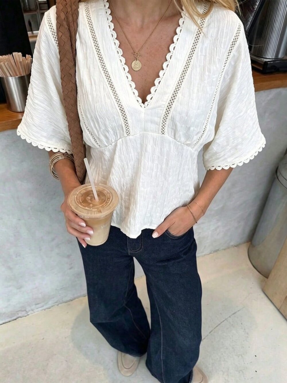 White Casual Women's French Lace Deep V-Neck Short Sleeve Regular Fit Peplum Top